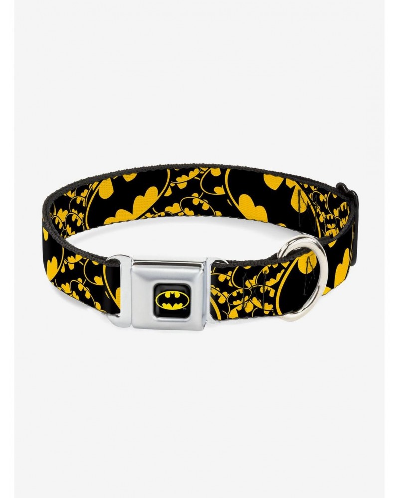 DC Comics Justice League Bat Signals Stacked Close Up Yellow Black Seatbelt Buckle Pet Collar $9.21 Pet Collars